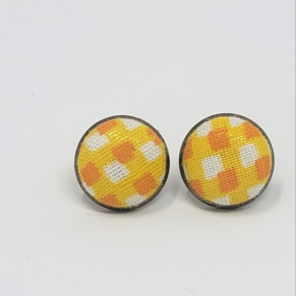 New Handmade | Upcycled Yellow Orange White Plaid Button Stud Earrings - Picture 1 of 4